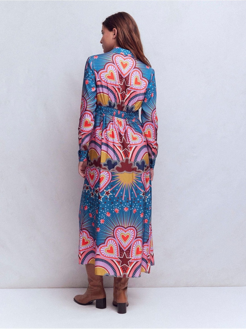 Boden Empire Hotched Shirt Dress Starburst Heart Print Midi US 4P Button Front - Picture 4 of 10